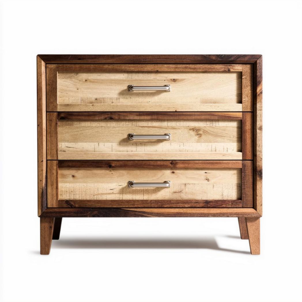 Wooden nightstand with three drawers in natural finish measuring 60 x 40 x 70cm