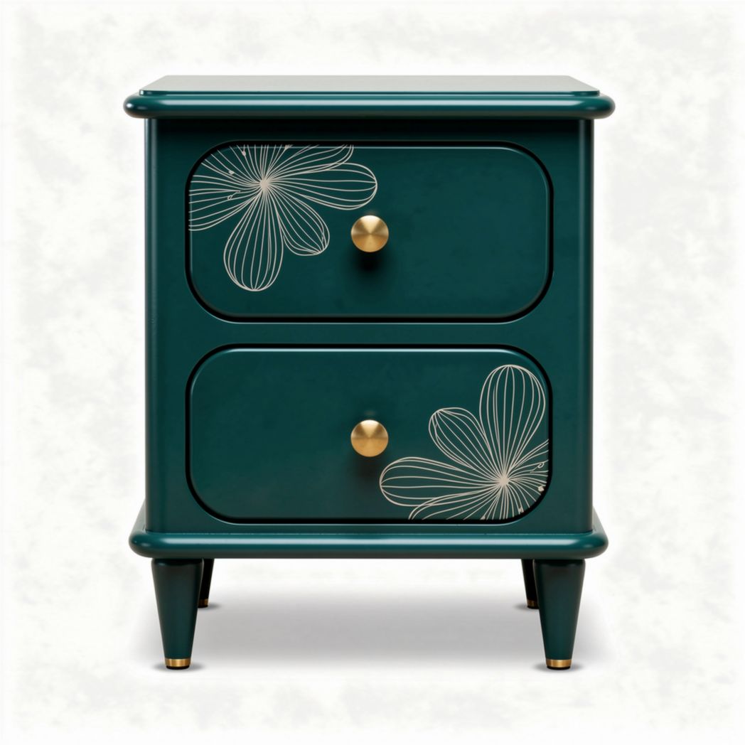 Two-drawer nightstand in teal with floral design and golden handles