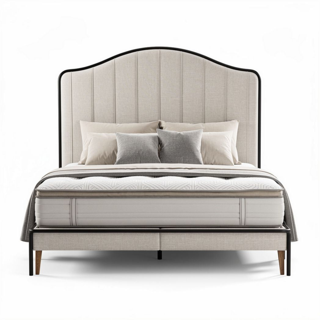 Upholstered bed frame with a curved headboard in beige fabric 200 x 160 x 120cm