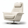 Cream fabric lounge chair with adjustable headrest and stainless steel base