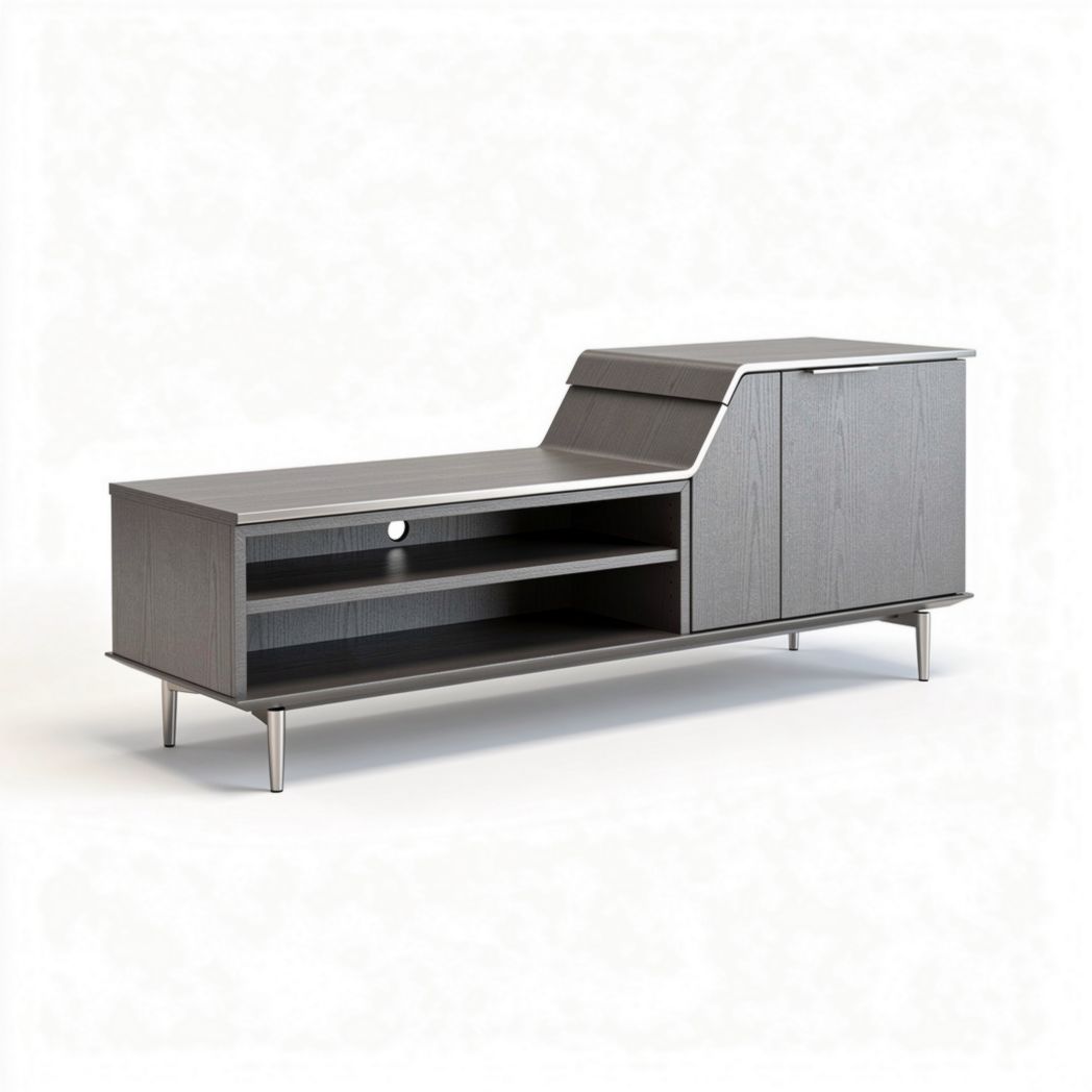 Modern gray TV stand with storage cabinets and sleek metal legs 60 x 16 x 30 inches
