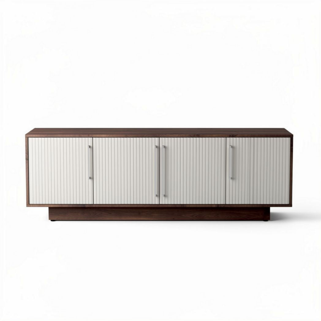 Modern storage cabinet with ribbed white doors and walnut frame 180 x 45 x 70cm