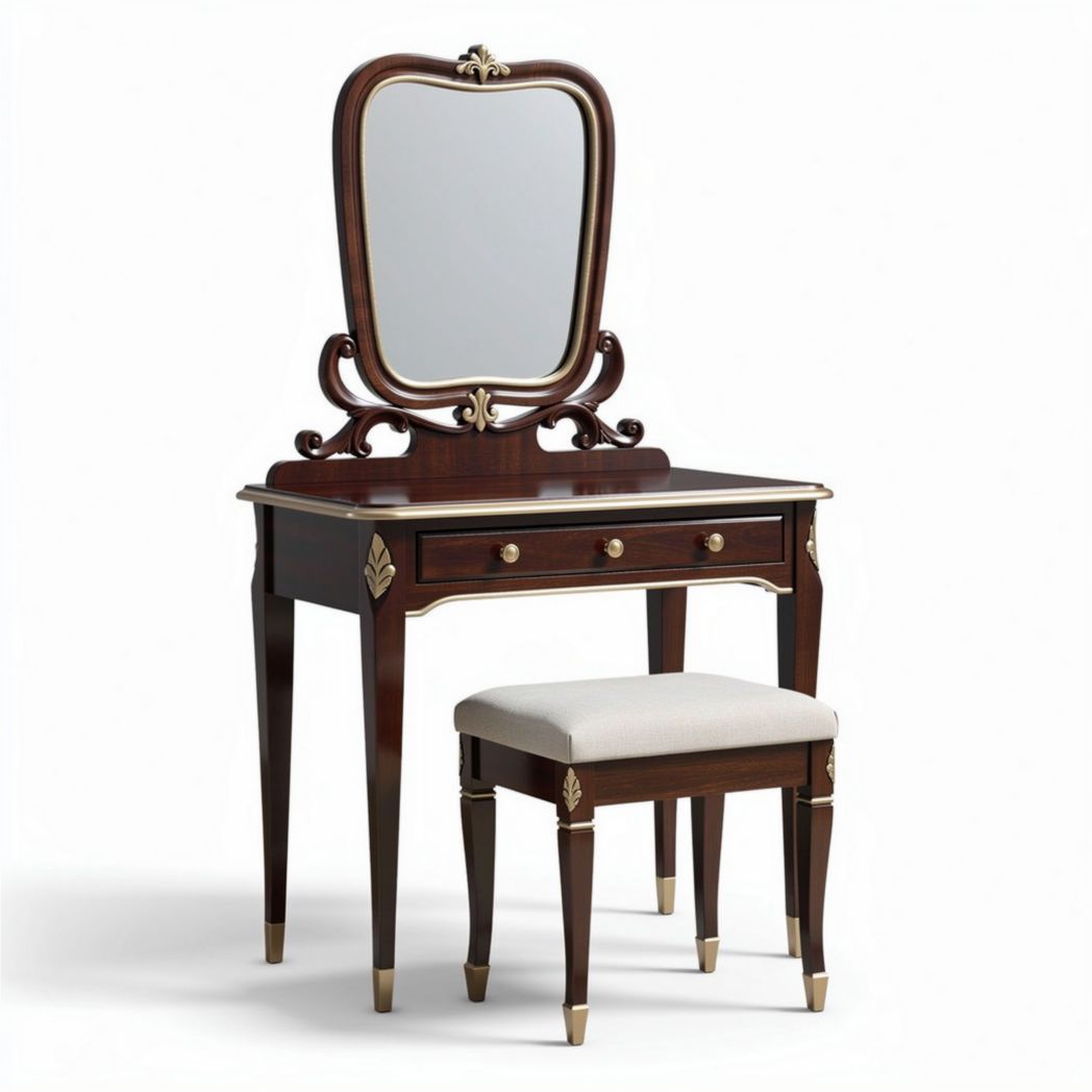 Wooden vanity set with mirror and cushioned stool in dark brown finish